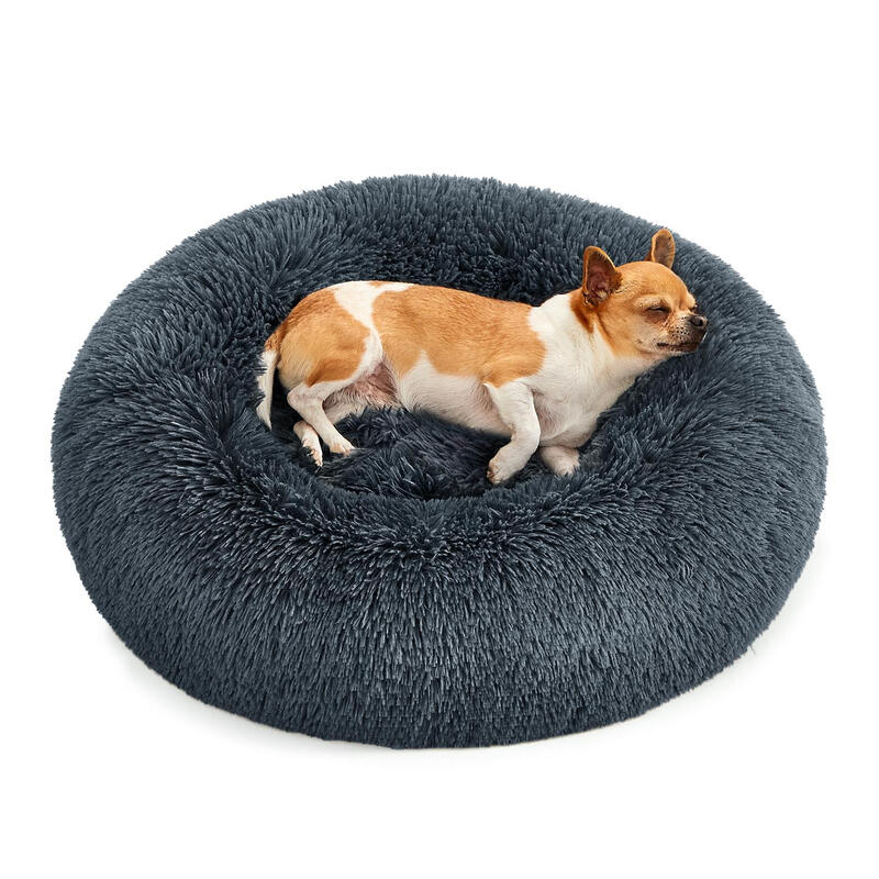 Fluffy Dog Bed, Cat Bed, Doughnut Cushion, 60x60x20cm, Dark Grey