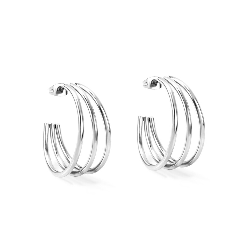 Silver Tone Stainless Steel Triple Line C-Shape Hoop Earrings, Minimalist Geometric O