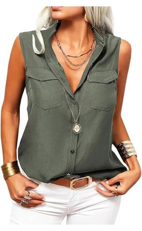 Women's Solid Lapel Sleeveless Tank Tops Summer Button Down Shirts Office Ladies Shir