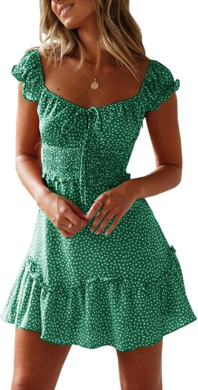 Women's Summer Ruffle Sleeve SWEETHEART Neckline Printing Dress Mini Dresses (green， 