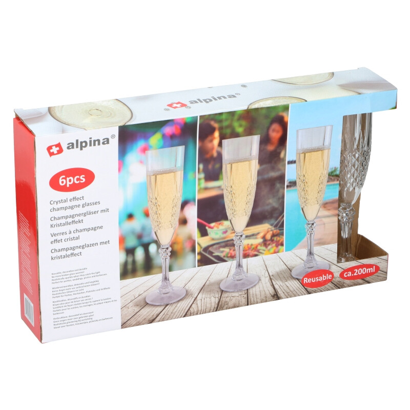 Alpina plastic champagneglas set - 200 ml, 6 stuks, transparant