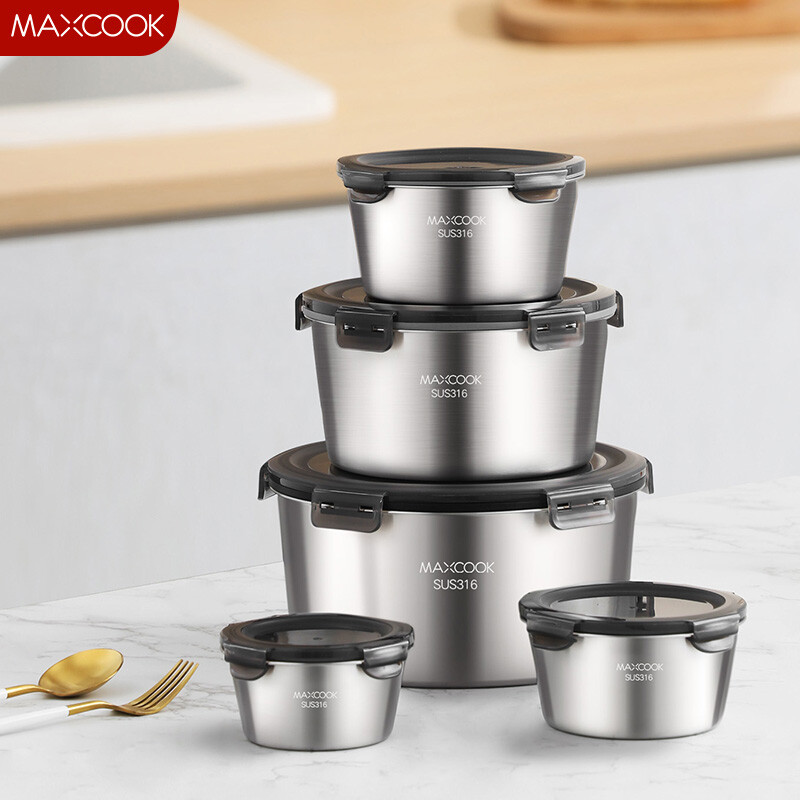 Set of 3pcs 316SS Round Food Container With Lid （400/600/1100ml）MCFT4779