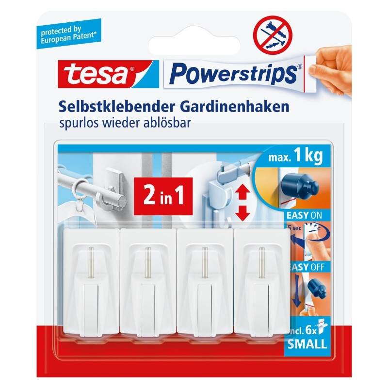 tesa Powerstrips Vorhangklammern, weiß, 4 Stück