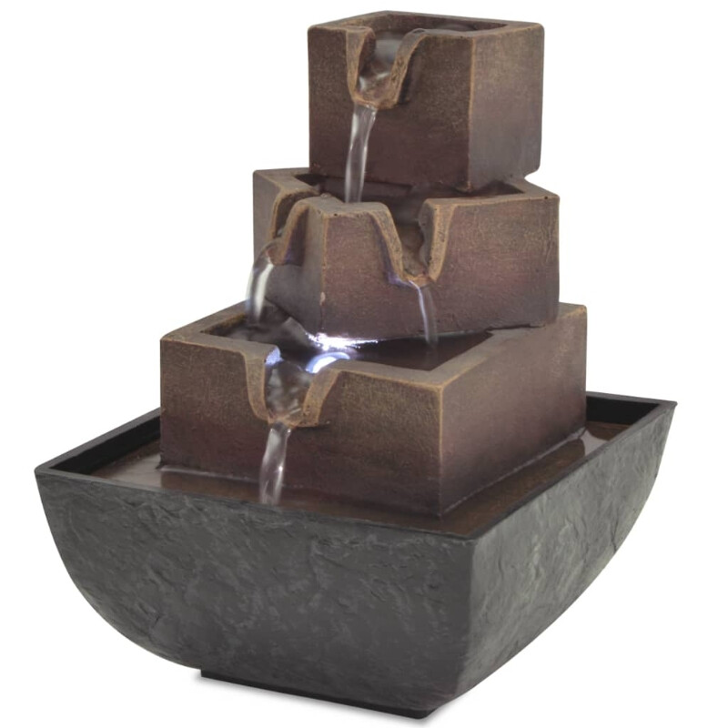 vidaXL Binnenfontein met LED-verlichting - Polyresin, grijs en bruin, 13,5 x 13,5 x 17,5 cm