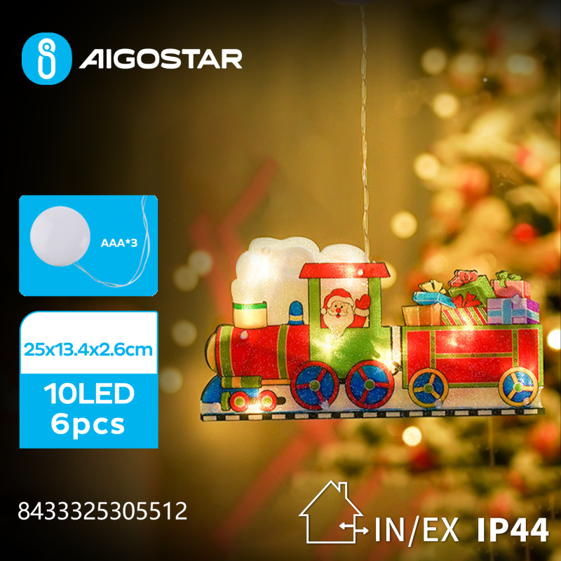 Aigostar Kersttrein Warm Wit 10LED Batterij-aangedreven hanger met zuignap Kersttrein