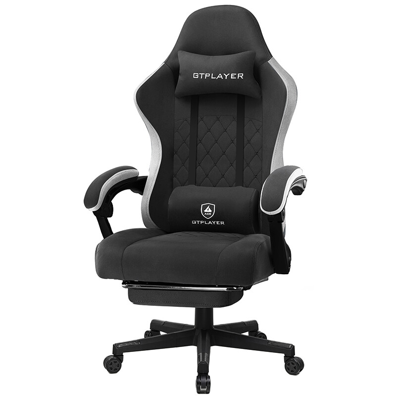 GTPLAYER Chaise gaming ergonomique avec surface en tissu coussin à ressorts et repose-pieds - Noir