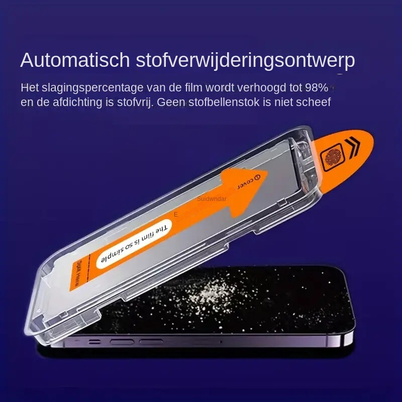 Screenprotector van gehard glas voor iPhone 15 Pro – stofvrije montagetray
