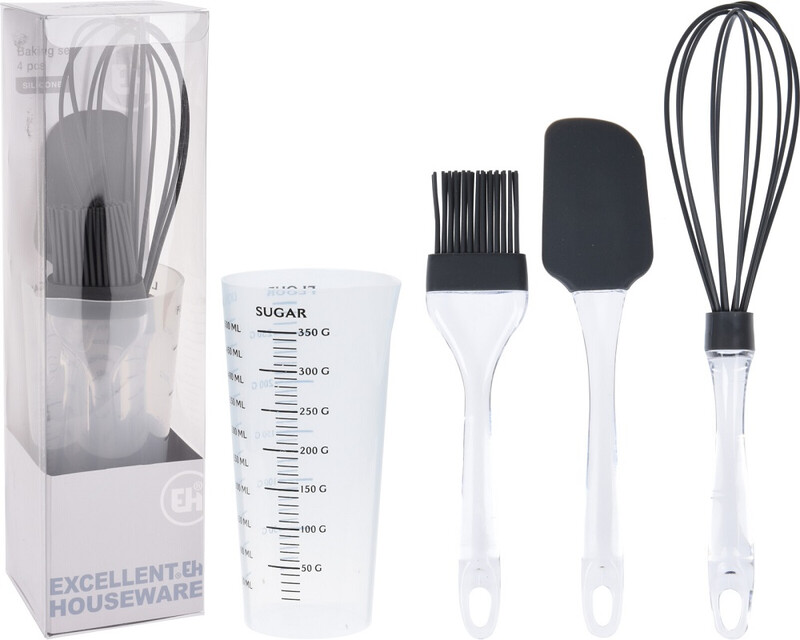 Excellent Houseware Silikon-Backutensilien-Set 4 Stück Messlöffel Pinsel Schneebesen Spatel Schwarz