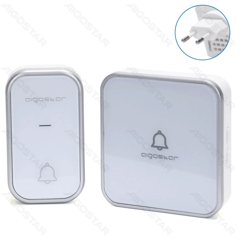 Aigostar draadloze deurbel, AC, IP44, witte onderkant met zilveren rand, ABS