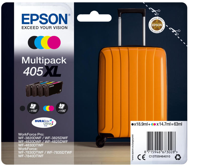 Epson 405XL DURABrite Ultra inktcartridge, 1 stuk, origineel, hoge (XL) capaciteit: zwart, cyaan, magenta, geel