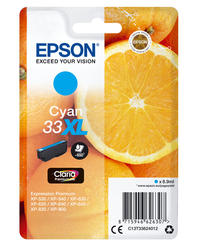 Epson Oranges inktpatroon, enkele verpakking, cyaan 33XL, Claria Premium Ink