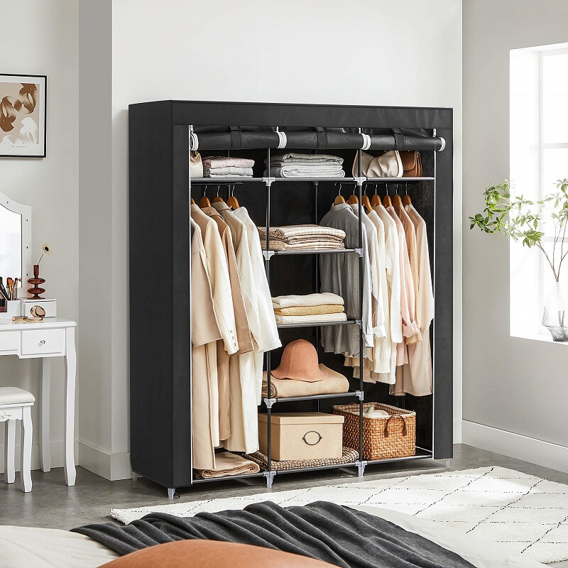 SONGMICS Kleiderschrank - Leinen-Kleiderschrank mit Kleiderstange und Regalen - 175 x 150 x 45 cm - Schwarz
