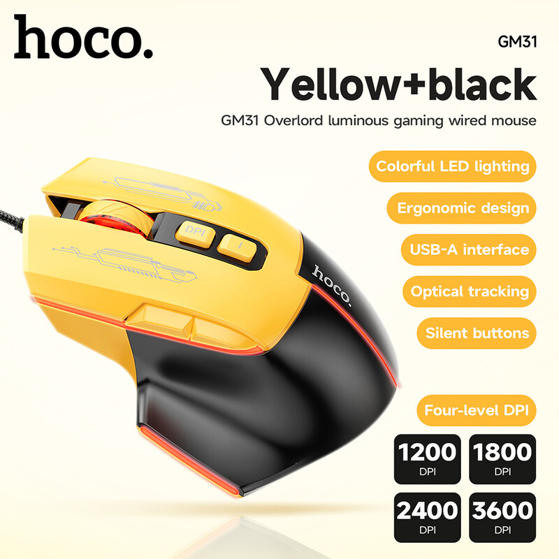 Wired Luminous Gaming Mouse - Ergonomic Design - Black Yellow