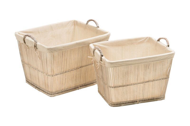 Rustic Rattan/Bamboo White Washed Set Of 2 Storage Baskets