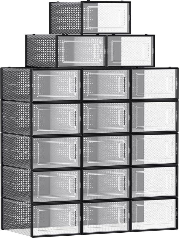 JOYFURNOS Schoenenopbergdozen, Plastic, Opvouwbaar, Stapelbaar - Set van 18 - Zwart