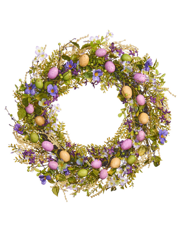 Spring Door Wreath with Artificial Flowers & Eggs, Purple, 28 inches