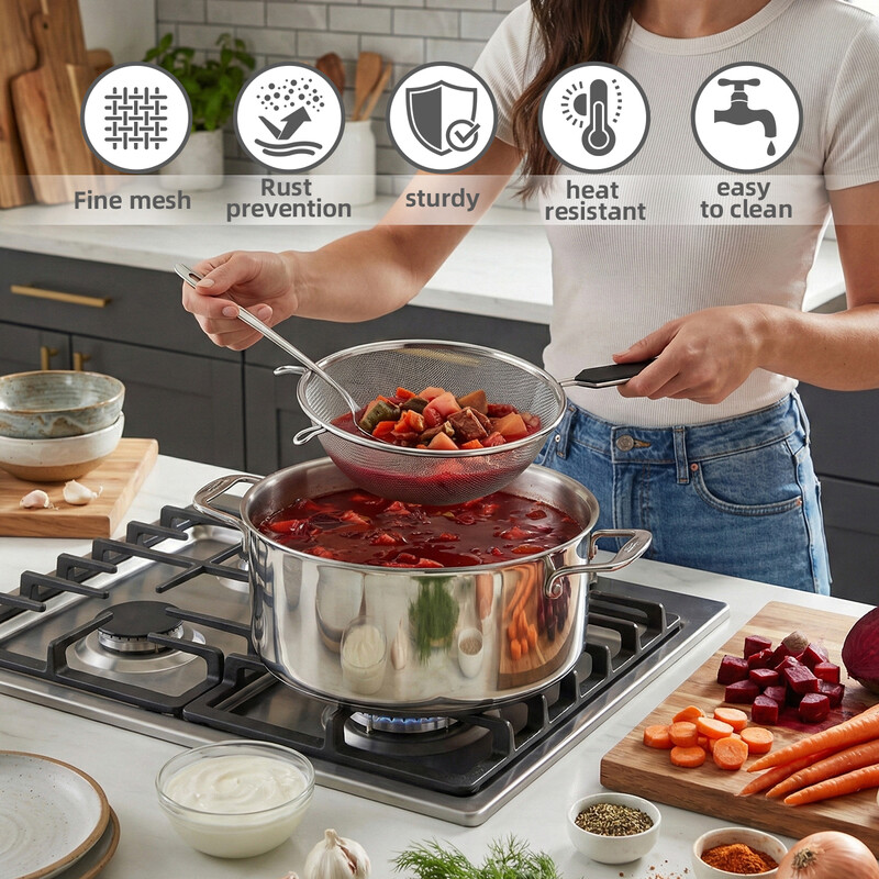 Silver Stainless Steel Strainer & Sieve Set, Fine Mesh Colander For Washing, Sifting And Draining, Rust-Resistant Kitchen Sieve With Ergonomical Handle， 3 Piece Set, 24.5Cm, 30Cm, 32Cm