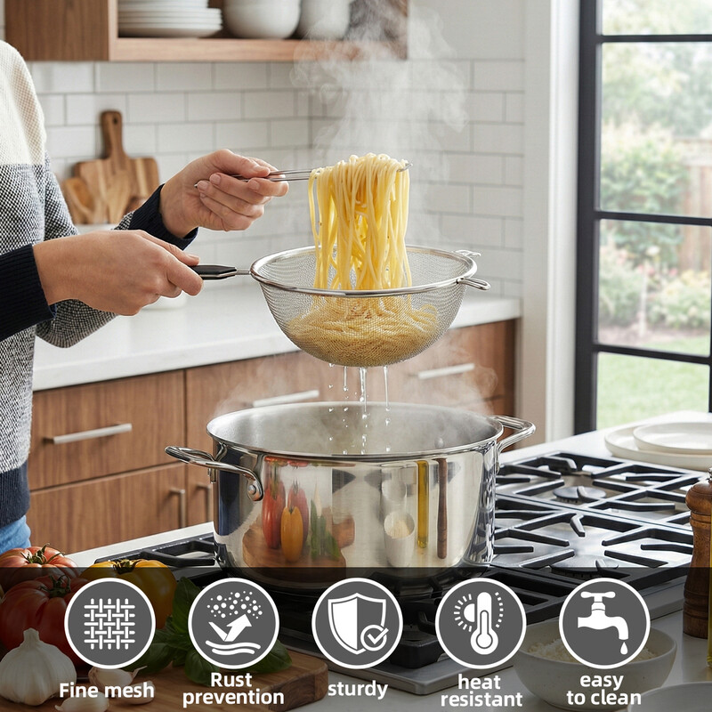 16cm Long Handled Metal Sieve Fine Mesh Sieve Kitchen Colander Draining Washing Sifting