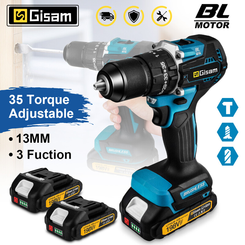 Gisam 65 Nm 13 mm 35+3 Torque Brushless Electric Impact Drill, Cordless Electric Screwdriver, Tool for Makita 18V Battery