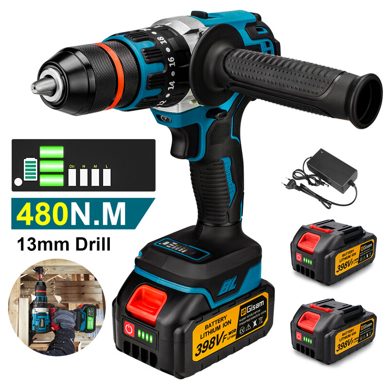 GISAM 13 mm 480 N.m borstelloze elektrische slagboormachine accuboormachine elektrische schroevendraaier doe-het-zelf schroefmachine elektrisch gereedschap voor Makita 18 V accu-pin