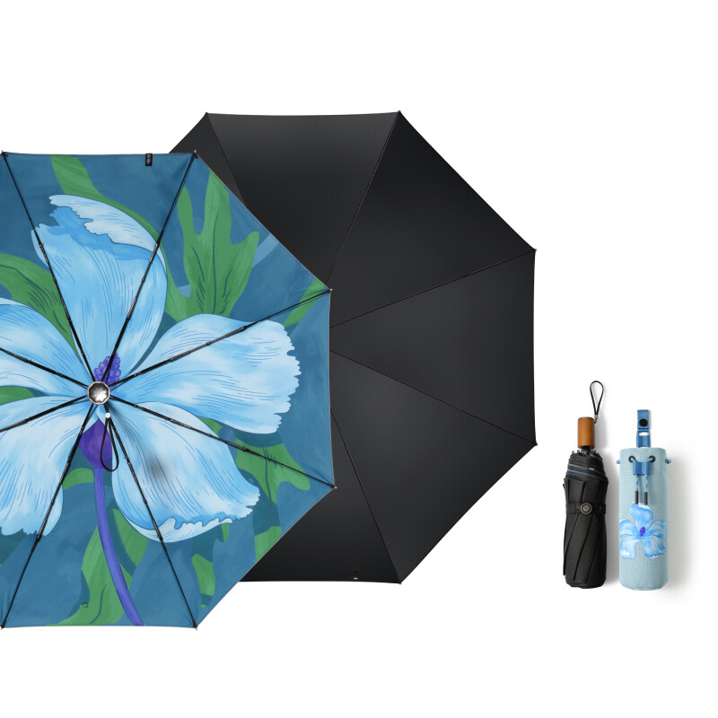 Beneunder BM398, in drieën opvouwbare paraplu met versterkte zwarte beschermlaag voor buiten, windbestendig en waterdicht, blauwe bloem, cadeau voor koppels, perfect cadeau