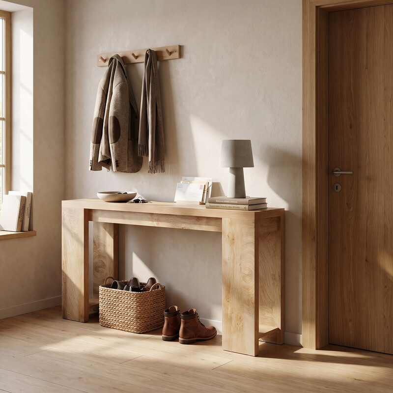 LANTINE Konsolentisch Beistelltisch, 160*29.5*85 cm, Flurtisch und Sofatisch für kleine Räume, Landhausstil für Eingangsbereich & Wohnzimmer, Eiche Hell