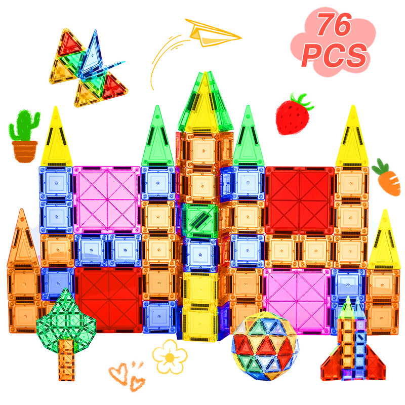 76PCS Magnetic Tiles Creative Starter Set, Transparent Color Design, Strong Magnetic