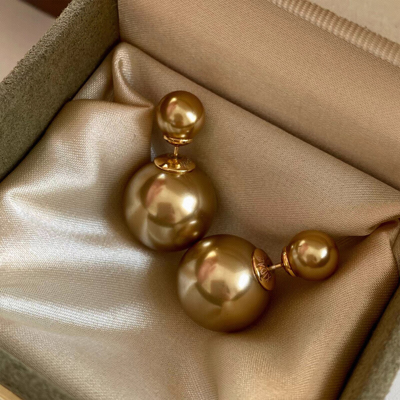 gold classic double pearl earrings with two pearls on both sides, light luxury, high