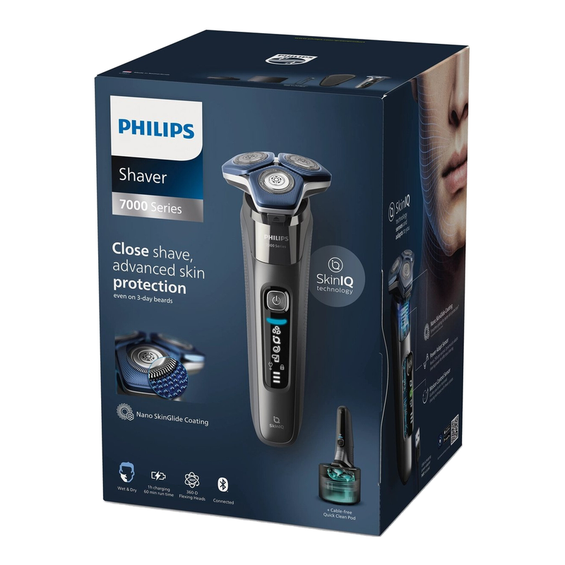 Philips scheerapparaat Series 7000, elektrisch nat- en droogscheerapparaat met SkinIQ-technologie, uitklapbare trimmer, oplaadstandaard, reisetui, Quick Clean Pod, GroomTribe app-verbinding en volledig led-display– S7887/55