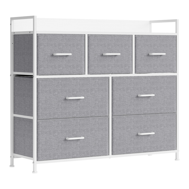 JOYFURNOS Ladekast, Dressoir, Slaapkamermeubel, Metalen Frame, 7 Lades, Modern, Duifgrijs en Wolkachtig Wit
