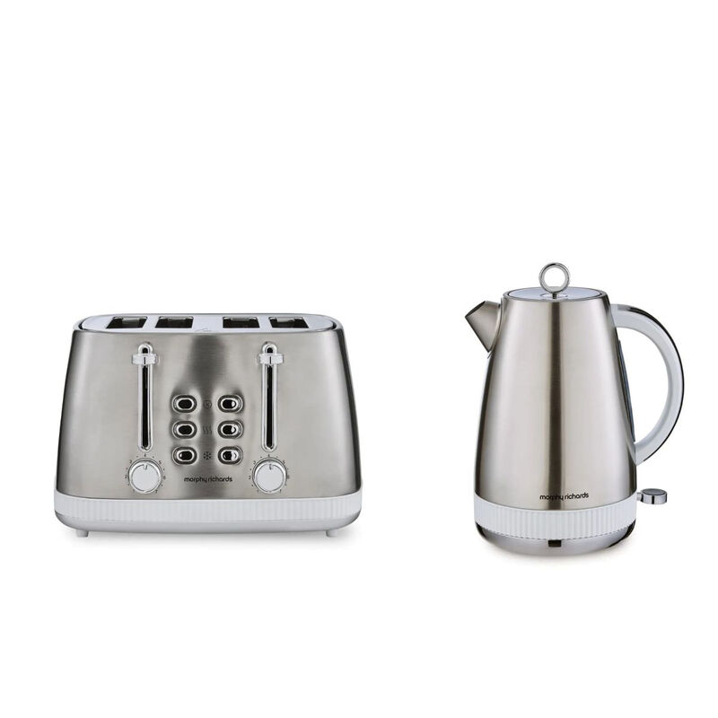 Morphy Richards Mexborough Jug Kettle and 4 Slice Toaster Bundle, 1.7L,Wide Slots, Cord Storage, White & Stainless Steel - 102903, 242903