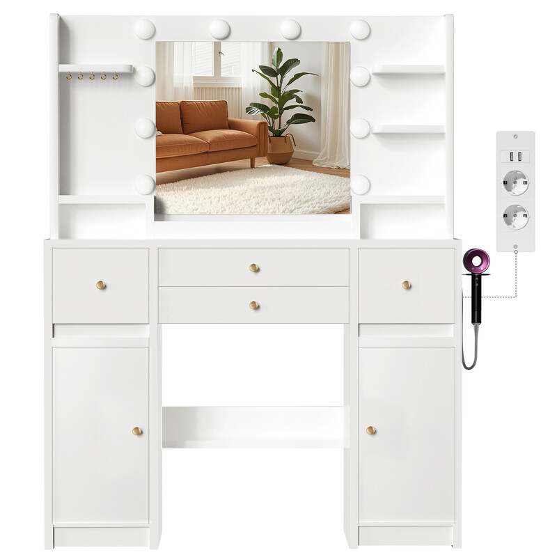 GTIMEX Make-uptafel met ledverlichting, uitgerust met een grote HD-spiegel (met stopcontact en USB-aansluiting, 10 open opbergvakken, 4 lades, 2 kasten, 5 sieradenhaken, 10 ledlampen, 3 lichtkleuren), afmetingen: 108 × 40 × 144 cm. Geluidsarme liggers, ka