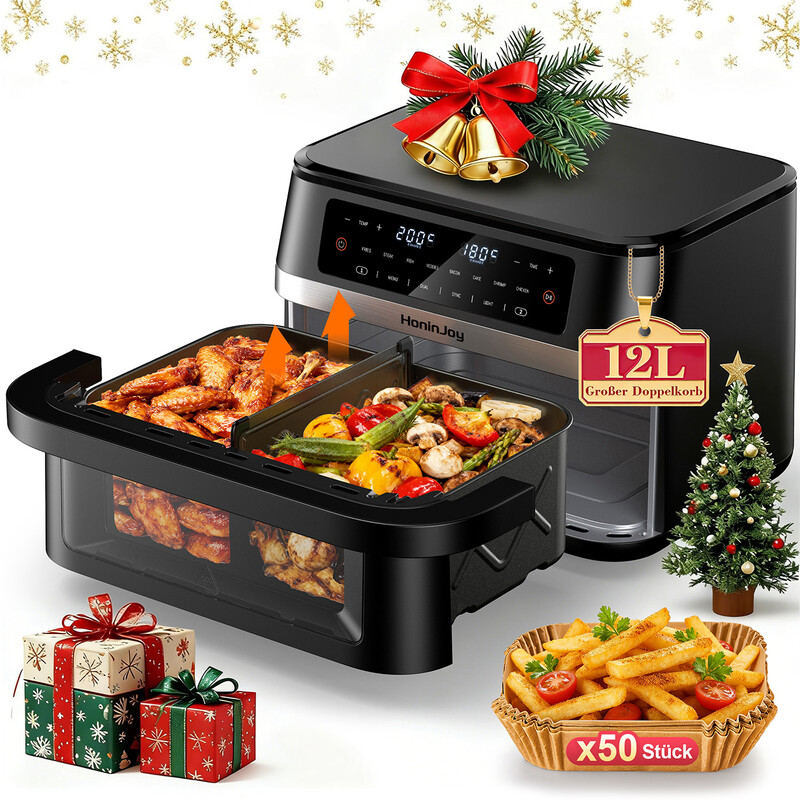 Drew&amp;Cole 12QT große Dual-Korb-Heißluftfritteuse mit Flex-Korb, Sichtfenster und 50 Papierföten, 12-in-1 Familiengröße mit Sync-, Dual- und Beleuchtungsfunktion, Doppelte Zone zum Backen, Braten und Aufwärmen, spülmaschinenfest