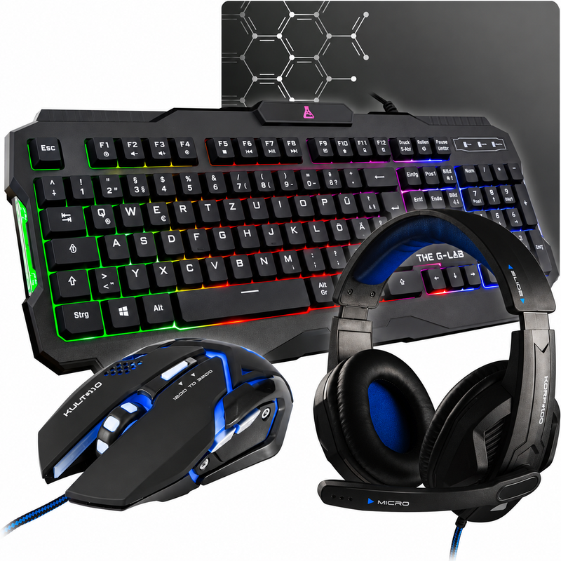 The G-Lab COMBO-ARGON-E/DE Gaming Combo - 4 in 1 - Membran - Regenbogen - 3200 DPI