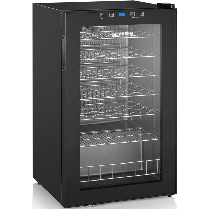 Severin Weinkühlschrank für 36 Flaschen, 95 L, schwarz mit LED-Touch-Display, leise (42 dB), temperaturregulierbar 5-18°C, EEK: G