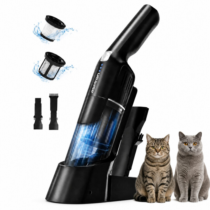 Aspiron AS-CA038 Draadloze handstofzuiger 24 kPa, 2 standen, 500 ml stofreservoir, HEPA-filter, laadstation, 2-in-1 mondstukken voor auto, bank en dierenharen