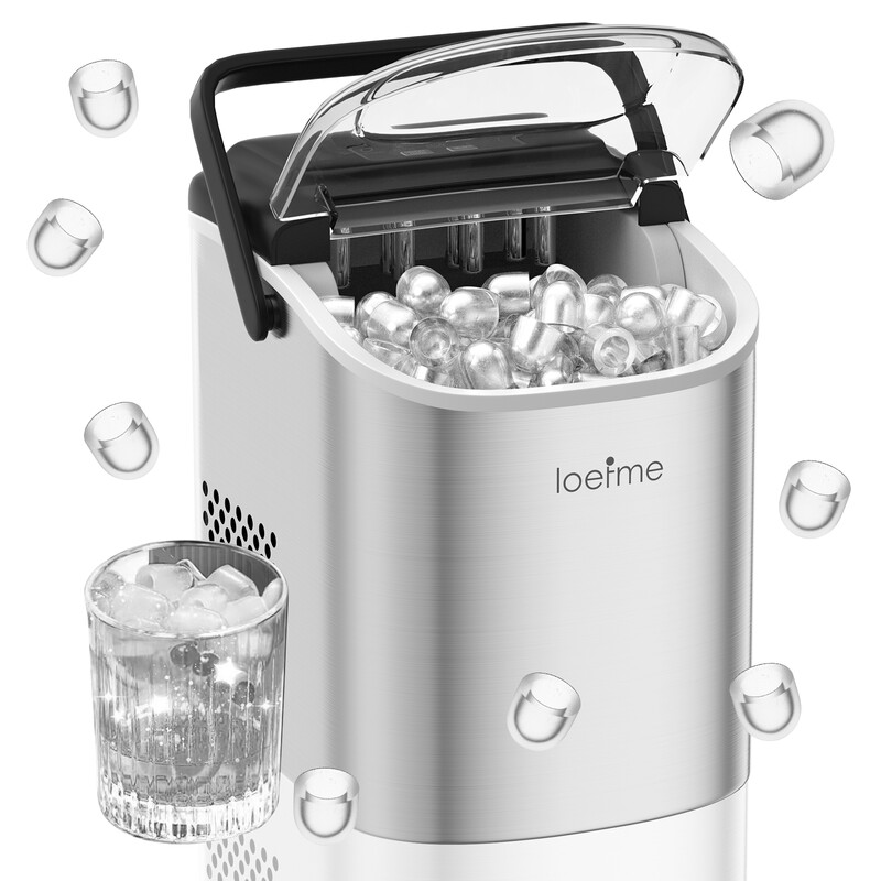 LOEFME ijsmachine, kogelijsblokjes, 12/SH, ijsproductiecapaciteit 12 kg/24 h, maakt 9 ijsblokjes elke 6-13 minuten, twee ijsblokjesformaten S/L, automatische reinigingsfunctie, 1,2 L watertank, roestvrij staal zilver, Europese standaard.