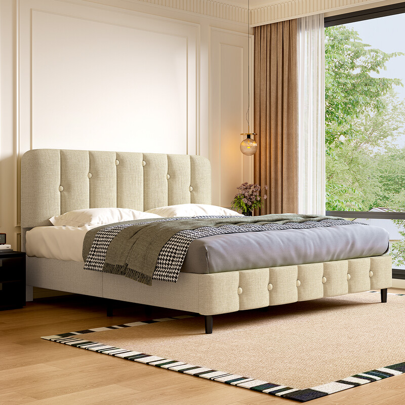 GTIMEX Polsterbett 212,5 x 145 x 110 cm mit Lattenrost, statische Belastbarkeit: 390 kg, Doppelbett mit gepolstertem Kopfteil, einfache Montage, stabiler Rahmen und hochwertiger Leinenstoff, Beige
