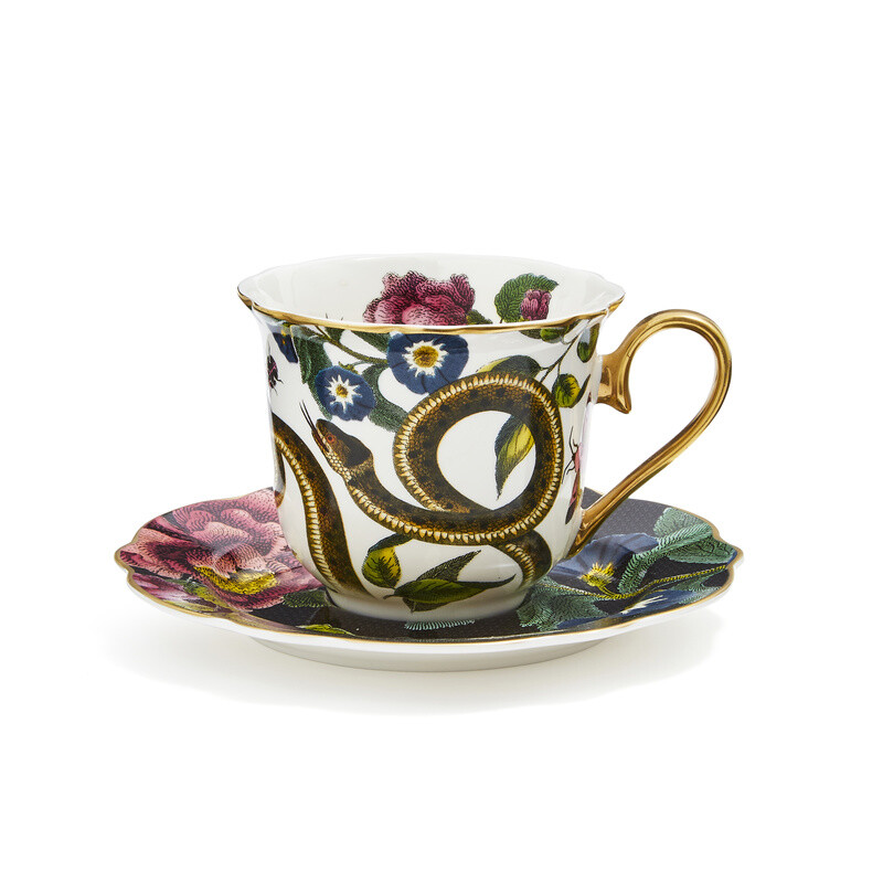 Creatures of Curiosity Fluted Tea Cup and Saucer - Snake/Black