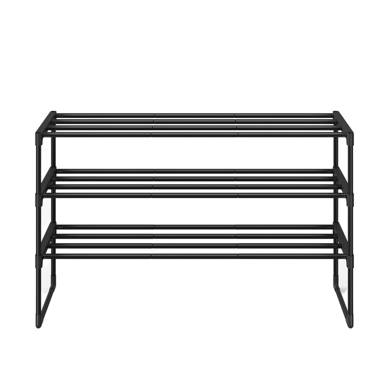 JOYFURNOS Zwart 3-laags metalen schoenenrek – Smal & stapelbaar, 30 x 92 x 55 cm, Voor 16–20 paar – Ruimtebesparende organizer voor hal, kast of woonkamer