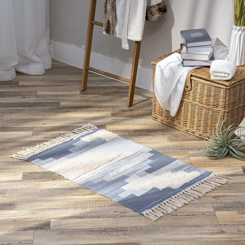 PHANTOSCOPE Ashler katoenen vloerkleed Boho vloerkleden geweven kwastjes binnen en buiten tapijt shaggy getuft machinewasbaar vloermat landelijk vloerkleed voor woonkamer slaapkamer keuken decoratie 94085057/2 blauw