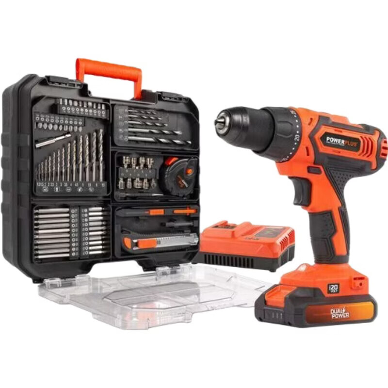 POWERPLUS 20V Accuboormachine POWDP15300 met 1 Accu, Oplader en 78 Accessoires, Max Koppel 40 Nm, 2 Snelheidsinstellingen