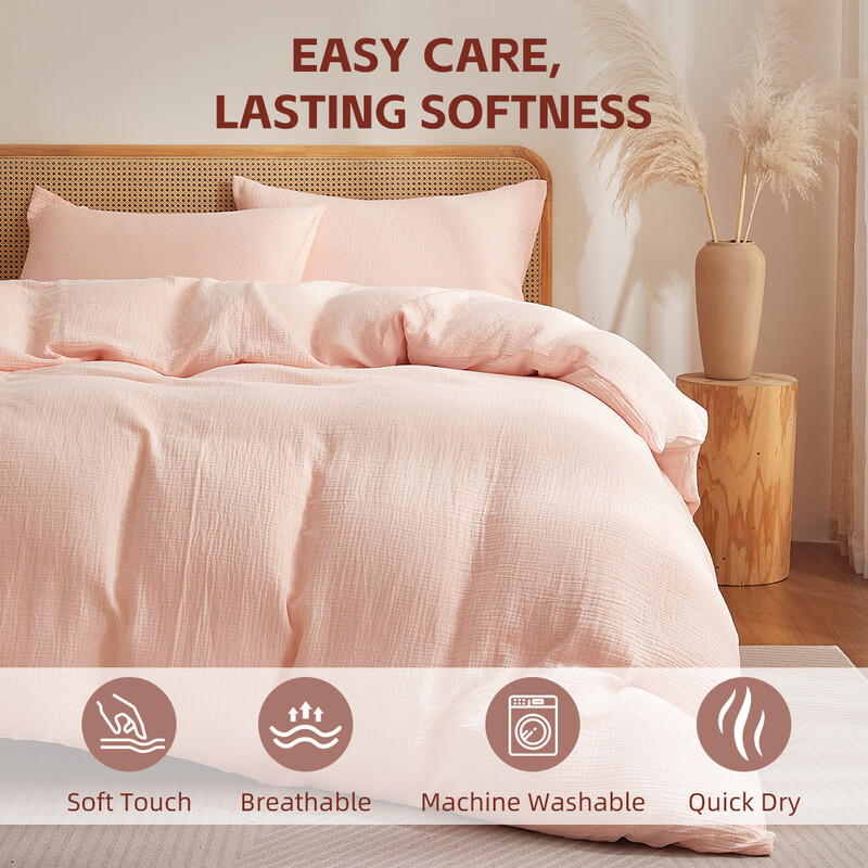 Meeallhome katoenen gekreukt garen dekbedovertrekset 200*200 cm/65*65 cm*2 Roze