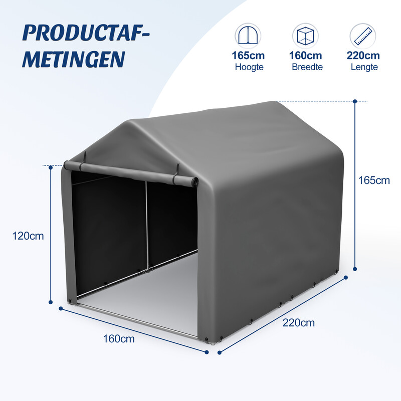 Fietstent, Buitentent voor 2–4 Fietsen, Winterbestendige Opberghok & Carport met UV-Beschermend PE-Dak, Fiets- & Motoropslaggarage, 160 × 220 × 166 cm, Donkergrijs