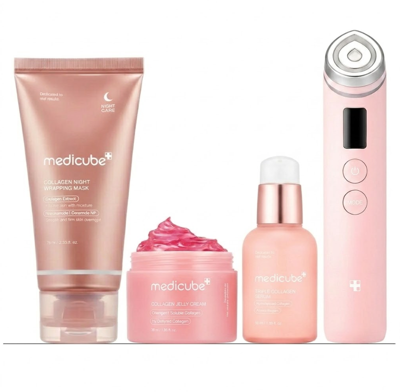 Medicube 4-Schritt-Kollagen-Hautpflegeroutine – Age-R Booster Pro + Kollagen-Nacht-Wrapping-Maske + Jelly Cream + Triple Collagen Serum