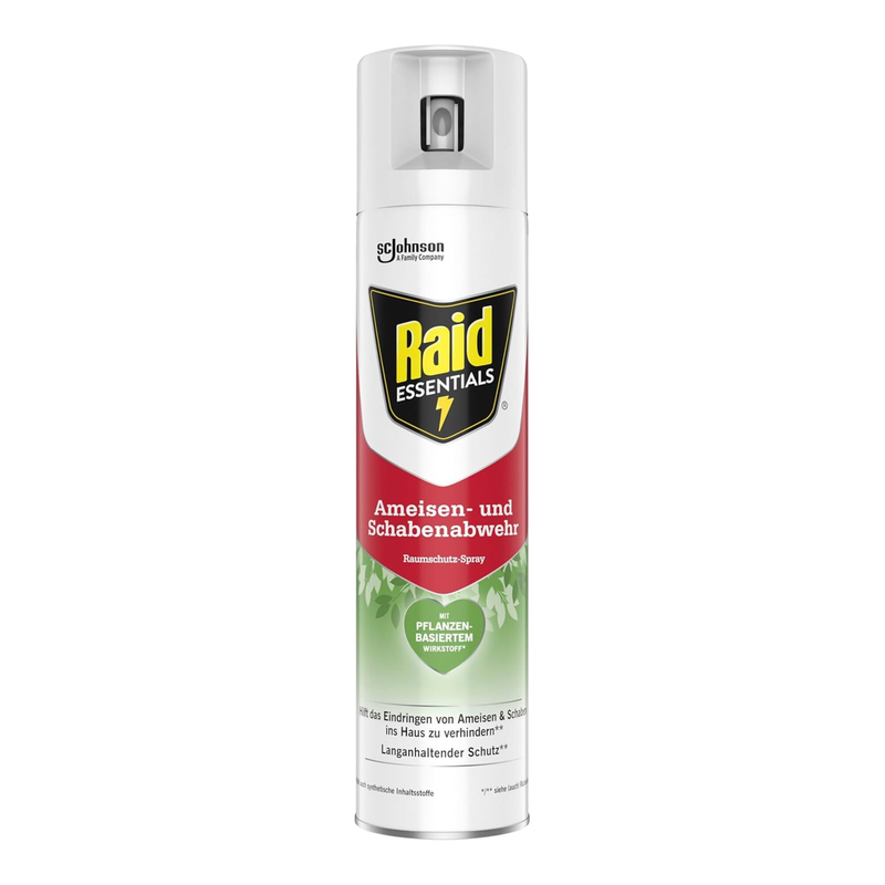 Raid Essentials Ameisen und Schabenabwehr Raumschutz-Spray, wirksamer Schutz im Innenbereich, schnelle Wirkung, für Türöffnungen und Fußleisten, 300 ml Sprayflasche