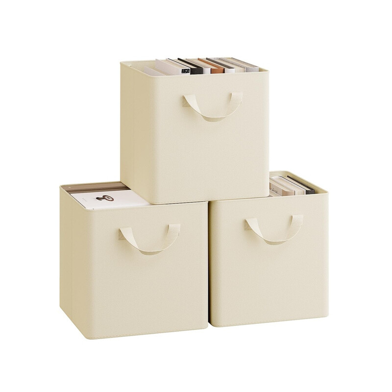WOLTU Faltbare Aufbewahrungsboxen 3 Stück, Stoffboxen mit Griffen und Metallrahmen, Aufbewahrungswürfel für Wohnzimmer, Schlafzimmer, Arbeitszimmer, Mehrzweck, Creme, 26x26x26,5cm