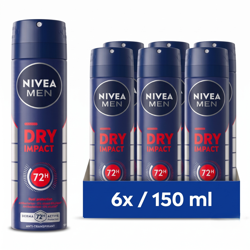 NIVEA MEN Dry Impact Anti-transpirant spray - 72 uur bescherming - Met mineralen en DryPlus - Alcoholvrij en antibacterieel 150 ml (6-Pack)