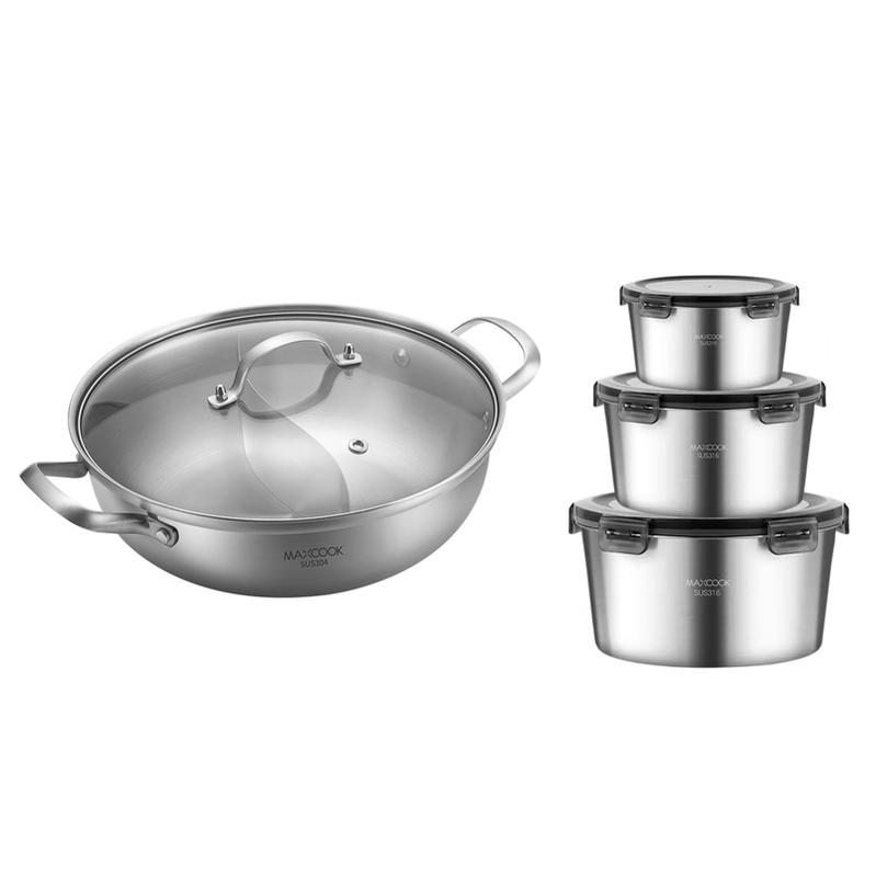 [Hot Pot Set] MAXCOOK 30 cm geteilter Hot Pot, 3-lagiger 304 Edelstahl + 3 Stück 316 Edelstahl Lebensmittelbehälter mit Deckeln