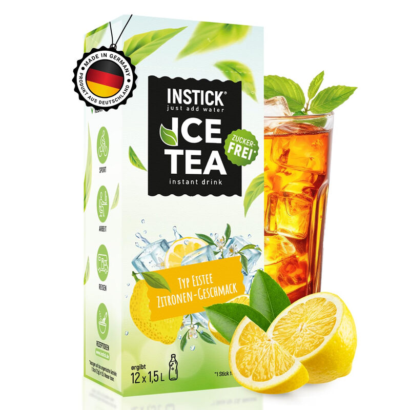 INSTICK just add water Zitronen-Eistee-Getränkepulver, 12 Sticks, Ergibt jeweils 1,5–2,5 L, Zuckerfrei mit Vitamin C & Schwarztee-Extrakt, Ergibt bis zu 30 L aromatisiertes Wasser